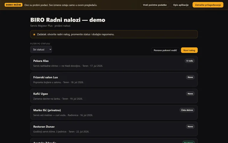 Ekran demo aplikacije BIRO Radni nalozi — zadaci sa odgovornom osobom, rokom i statusom