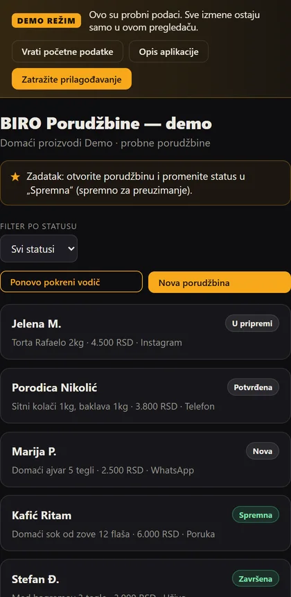 Ista vrsta ekrana na telefonu: demo aplikacija BIRO Porudžbine sa statusima porudžbina